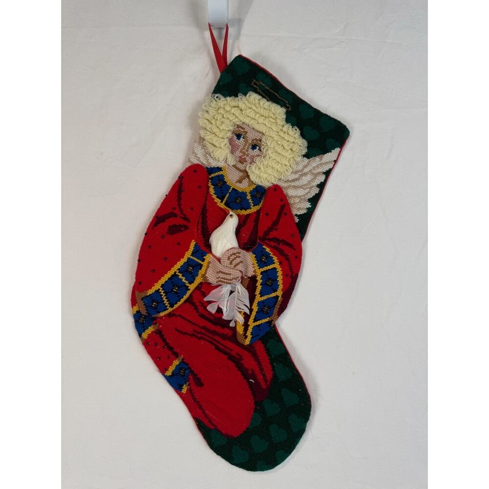 Vtg‎ Christmas Stocking Wool Needlepoint Angel Dove 3D Velvet backing